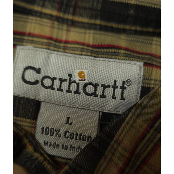 Carhartt Mens Large Black Tan Plaid Button Down Long Sleeve Logo Work Shirt S218 - Picture 12 of 12